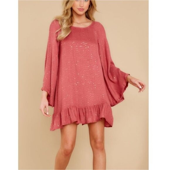 Sundress Red Bell Sleeves Mini Dress Round Neck Sequins Ruffle Hem M/L (A-10)